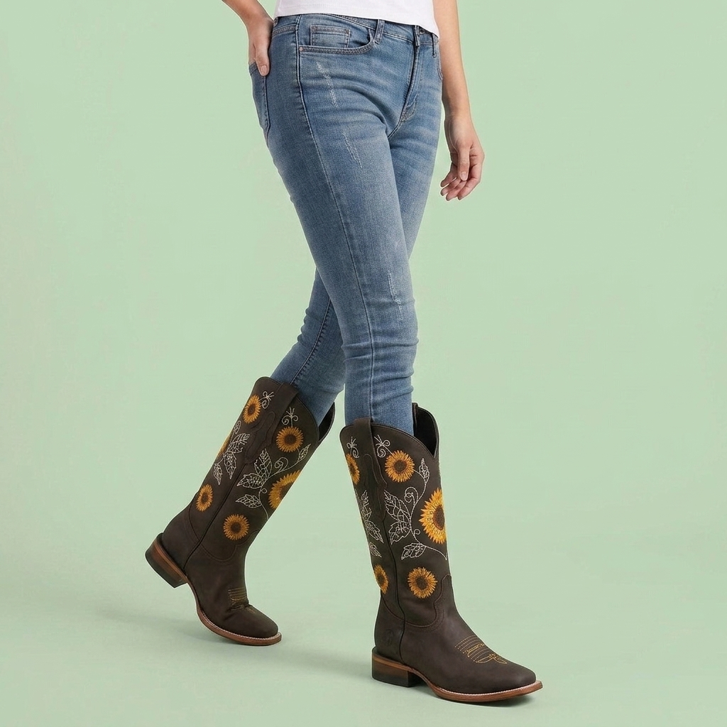 Dames Western Laarzen met Zonnebloemborduurwerk
