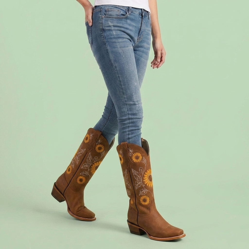 Dames Western Laarzen met Zonnebloemborduurwerk