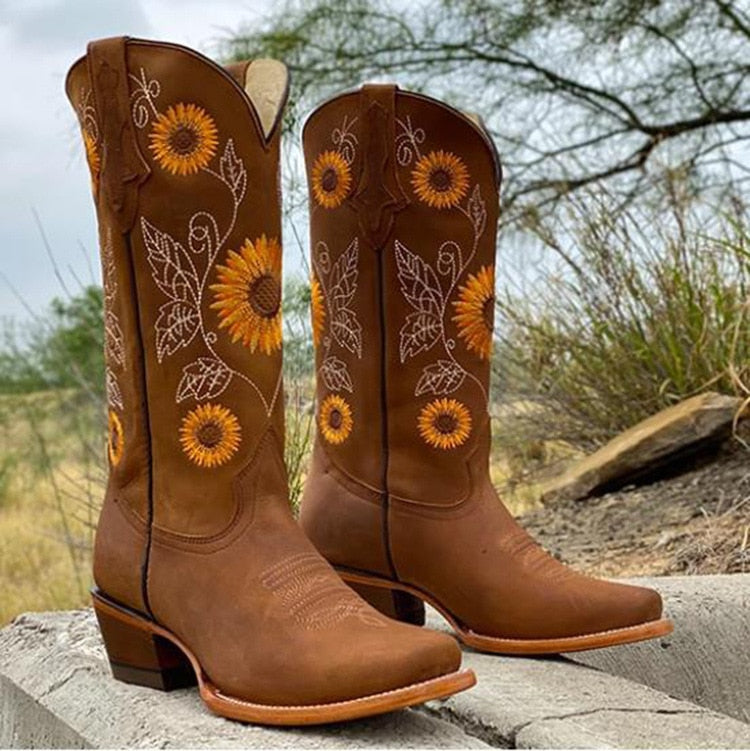 Dames Western Laarzen met Zonnebloemborduurwerk