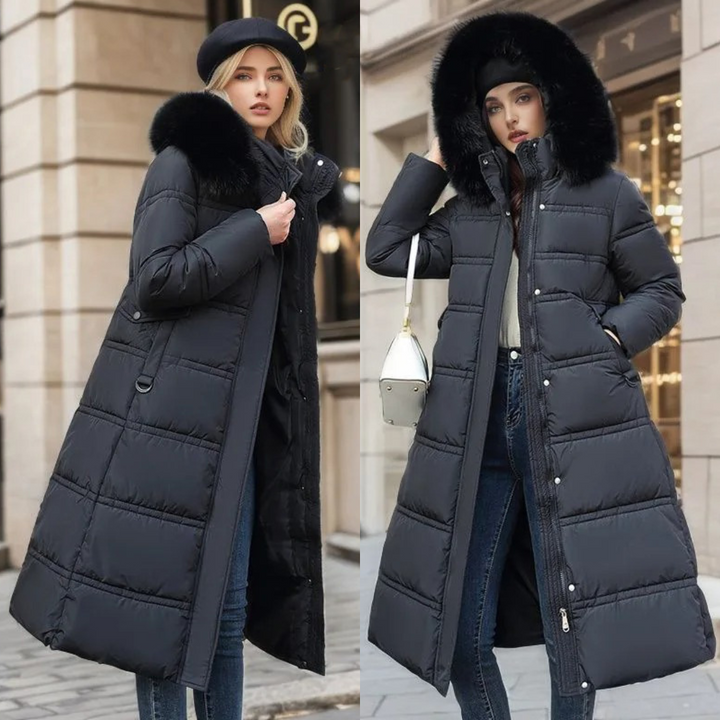 Adelaide | Women's Long Puffer Coat with Faux Fur Hood