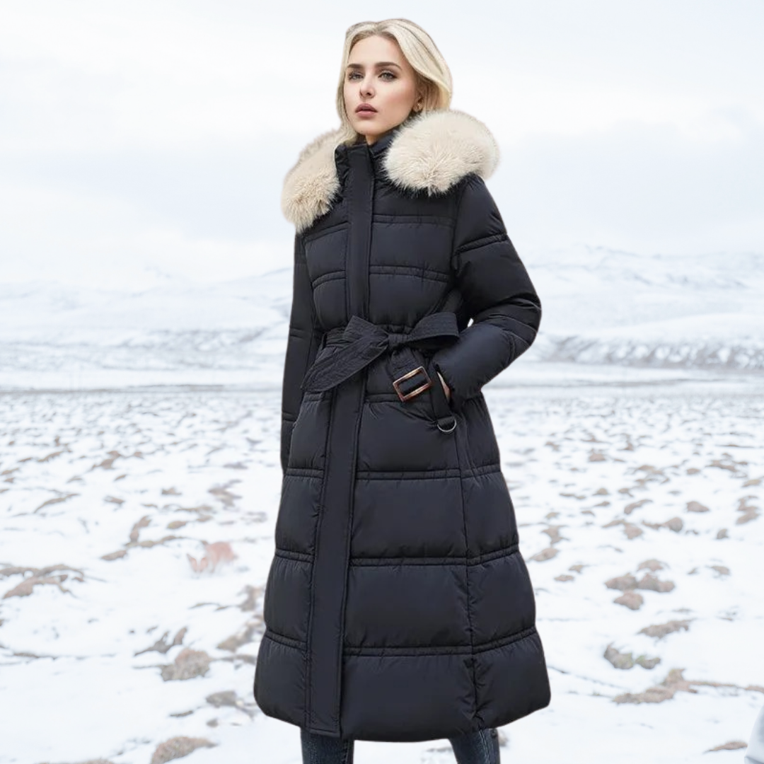 Adelaide | Women's Long Puffer Coat with Faux Fur Hood