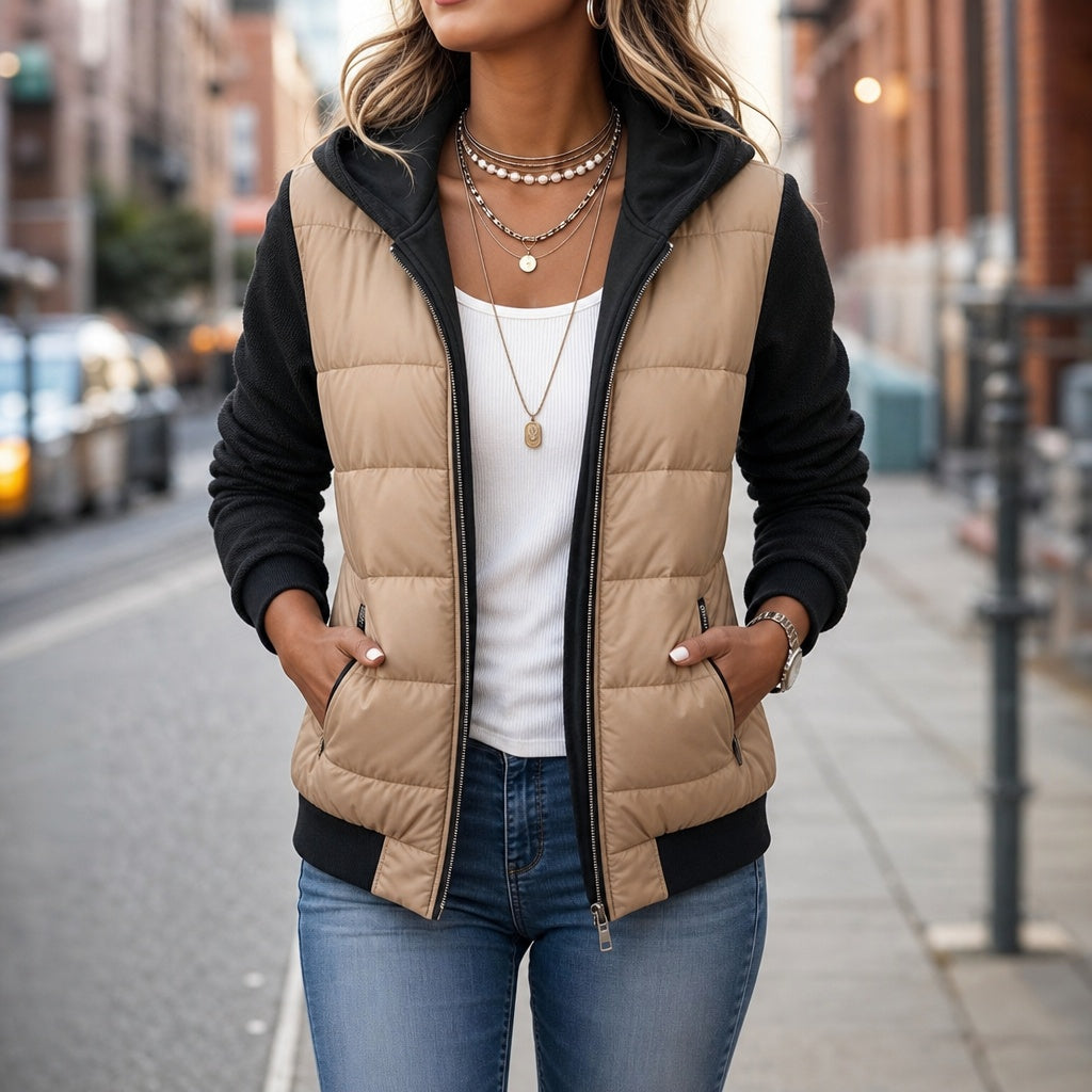 Adelaide | Women's Quilted Puffer Jacket with Knit Sleeves and Hood