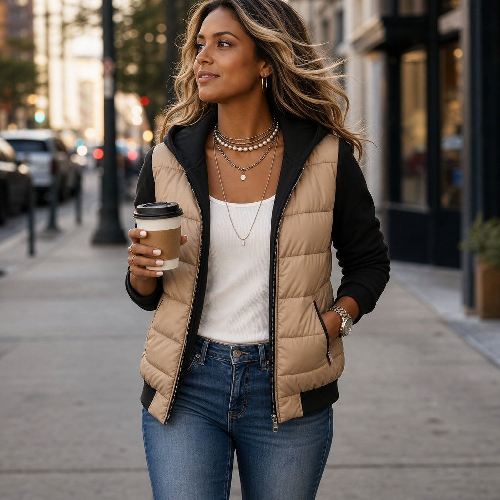 Adelaide | Women's Quilted Puffer Jacket with Knit Sleeves and Hood