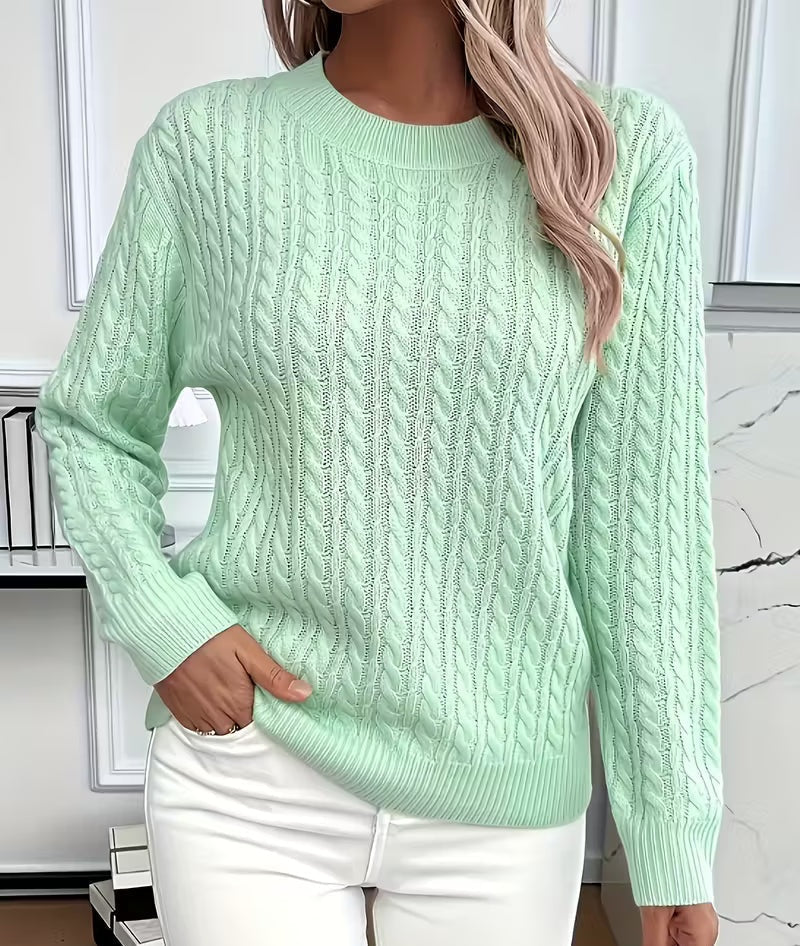 Alba | Women's Cable Knit Sweater Crew Neck with Ribbed Trim