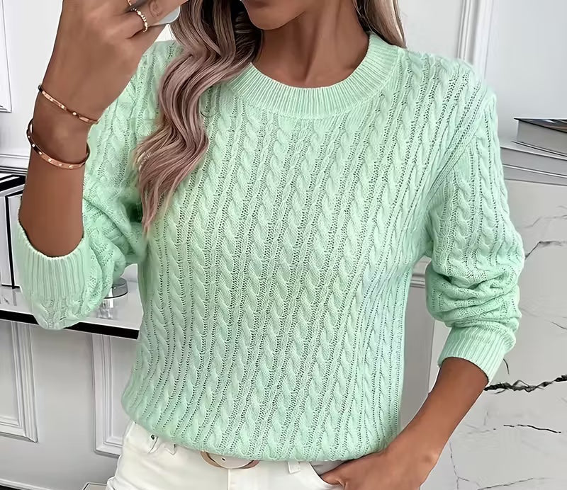 Alba | Women's Cable Knit Sweater Crew Neck with Ribbed Trim