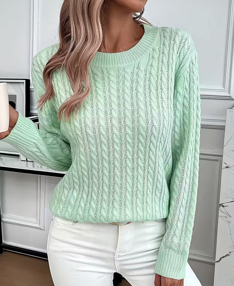 Alba | Women's Cable Knit Sweater Crew Neck with Ribbed Trim