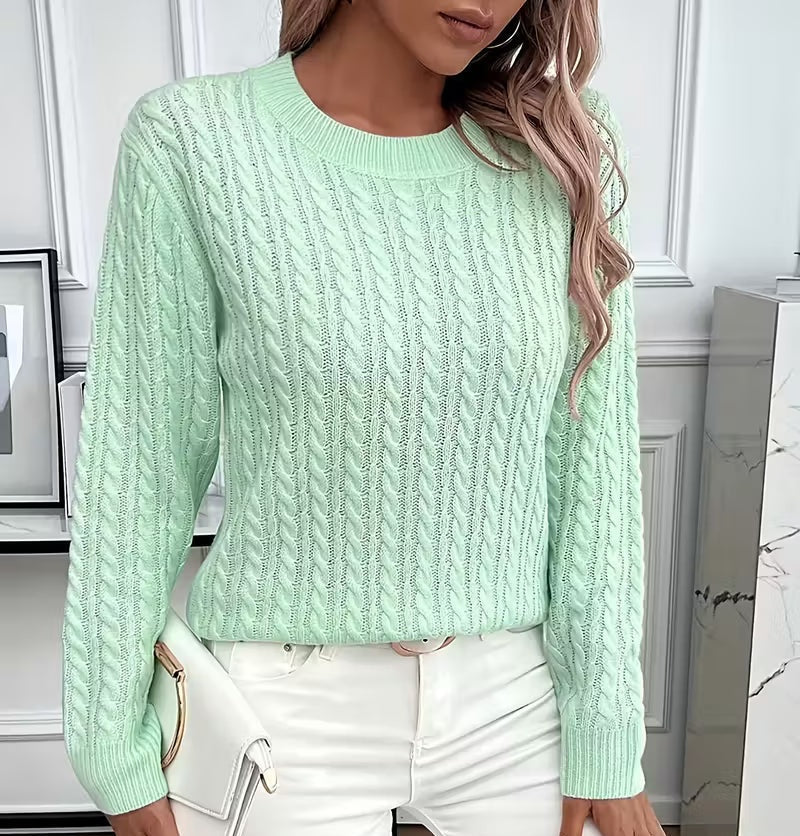 Alba | Women's Cable Knit Sweater Crew Neck with Ribbed Trim