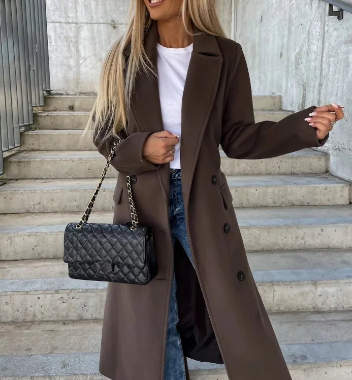 Amber | Lange Jas Dames Dubbelrij Geklede Look Revers Kraag