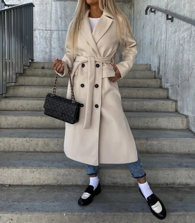 Amber | Lange Jas Dames Dubbelrij Geklede Look Revers Kraag