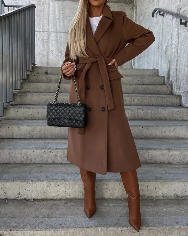 Amber | Lange Jas Dames Dubbelrij Geklede Look Revers Kraag