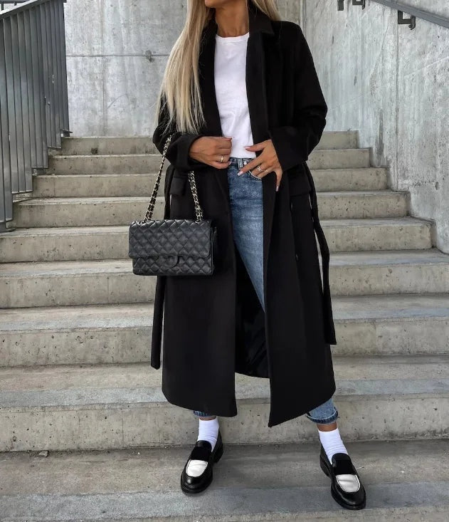 Amber | Lange Jas Dames Dubbelrij Geklede Look Revers Kraag