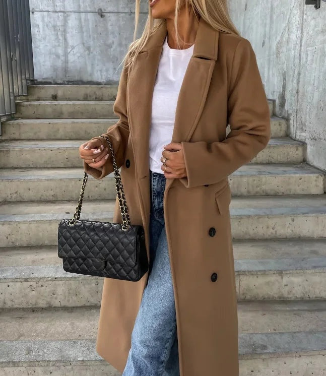 Amber | Lange Jas Dames Dubbelrij Geklede Look Revers Kraag