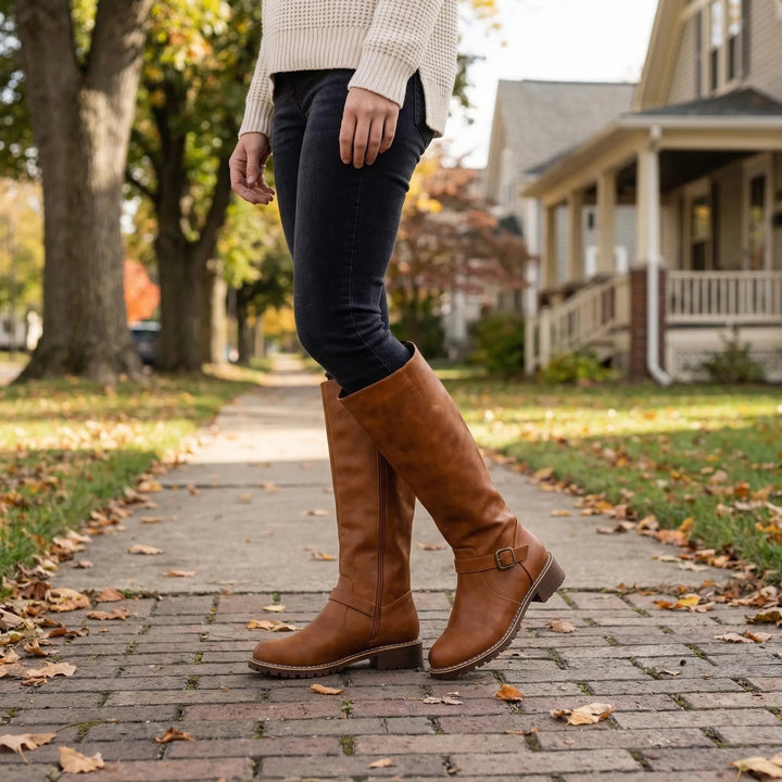 Arabella | Women's Leather-Look Knee High Riding Boots with Buckle