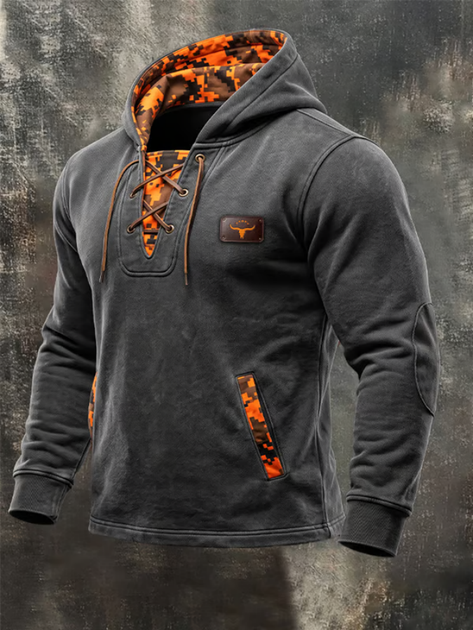 Atticus | Men's Hoodie with Lace-Up Collar Camo Panel Western