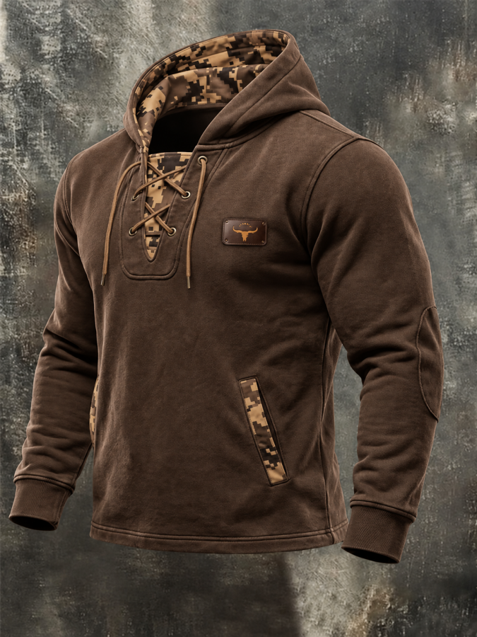 Atticus | Men's Hoodie with Lace-Up Collar Camo Panel Western
