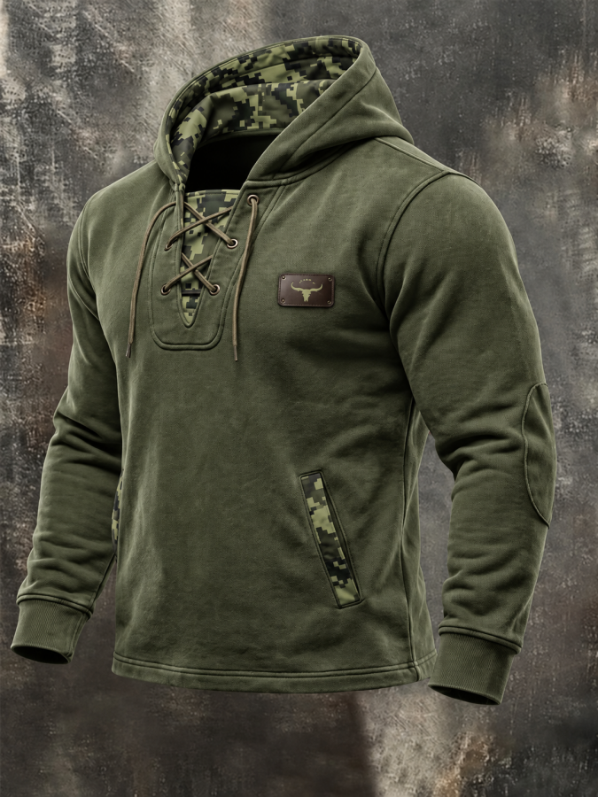 Atticus | Men's Hoodie with Lace-Up Collar Camo Panel Western