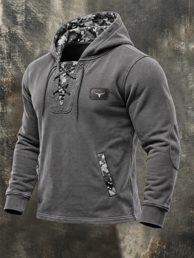 Atticus | Men's Hoodie with Lace-Up Collar Camo Panel Western