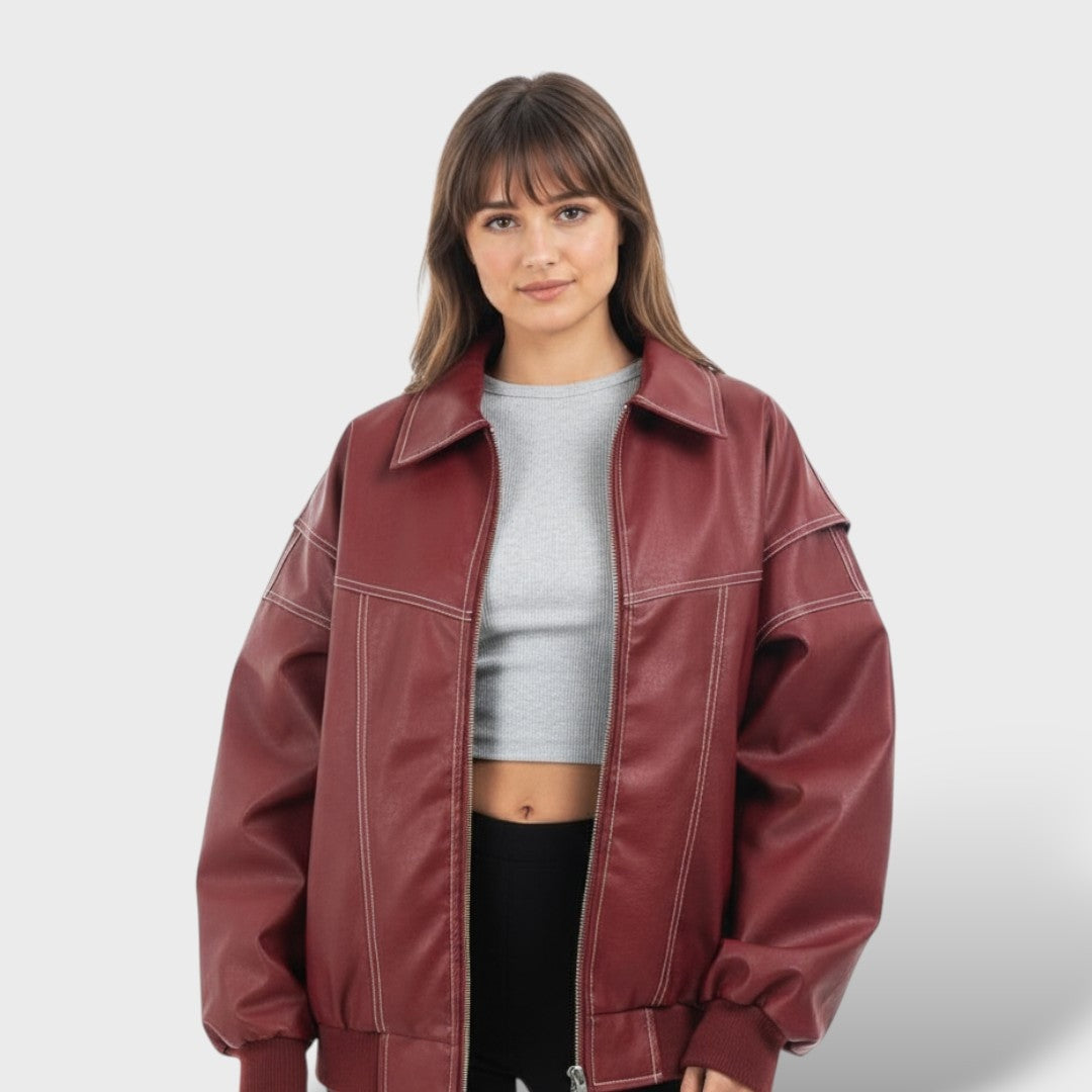 Beatrix | Women's Oversized Leather Bomber Jacket Zip Up