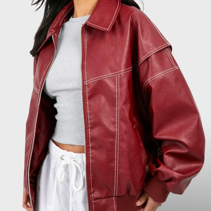 Beatrix | Women's Oversized Leather Bomber Jacket Zip Up