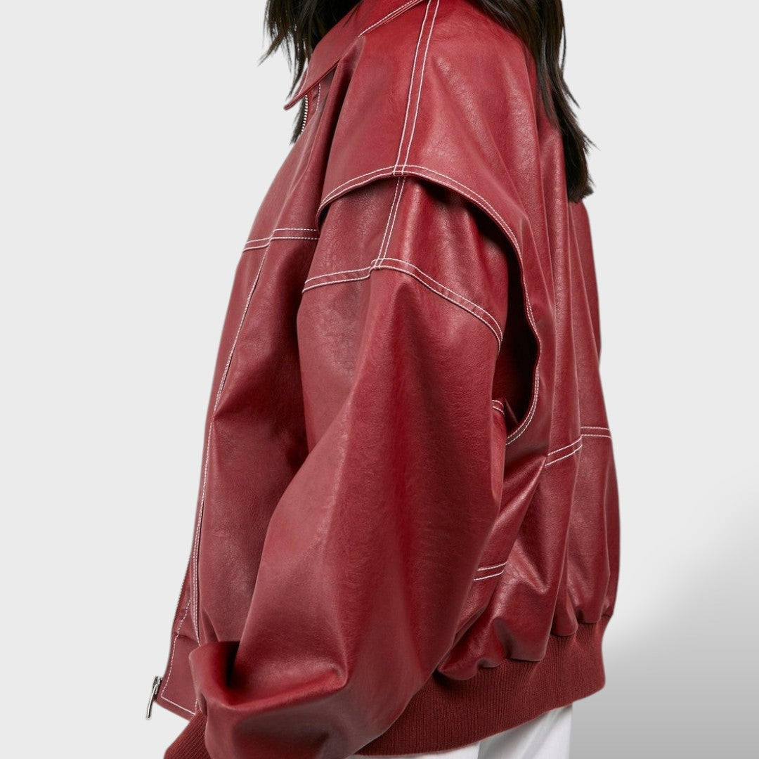 Beatrix | Women's Oversized Leather Bomber Jacket Zip Up