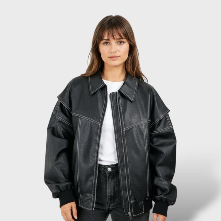 Beatrix | Women's Oversized Leather Bomber Jacket Zip Up