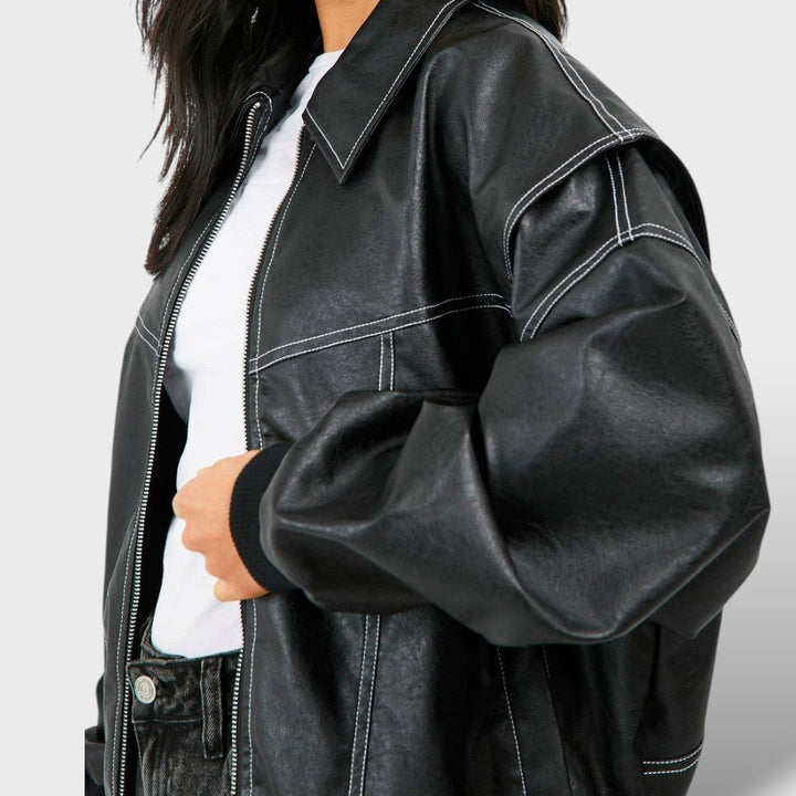 Beatrix | Women's Oversized Leather Bomber Jacket Zip Up