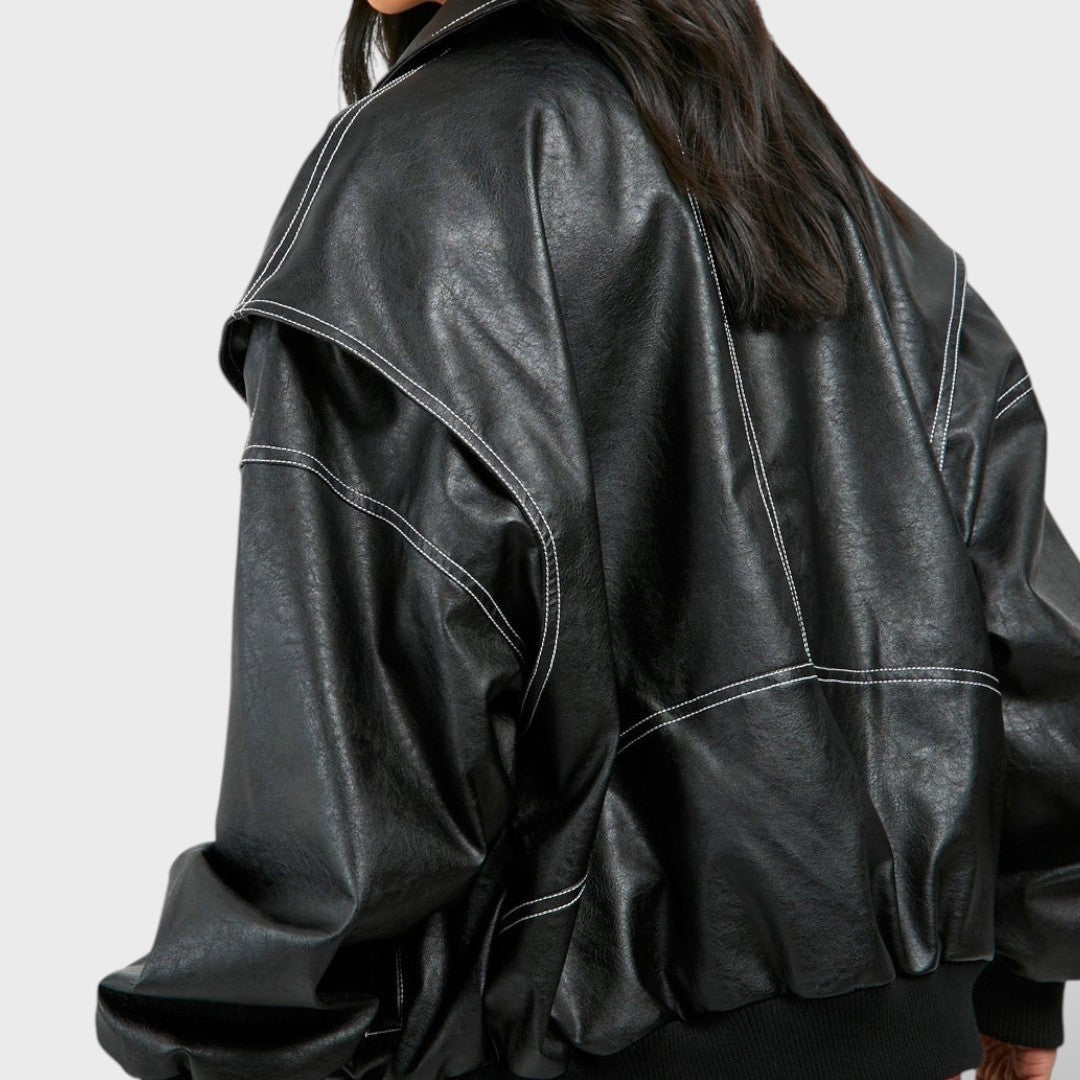 Beatrix | Women's Oversized Leather Bomber Jacket Zip Up
