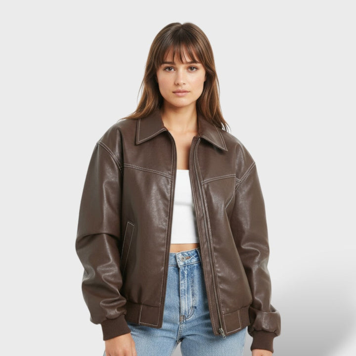 Beatrix | Women's Oversized Leather Bomber Jacket Zip Up