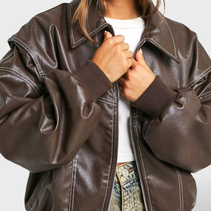Beatrix | Women's Oversized Leather Bomber Jacket Zip Up