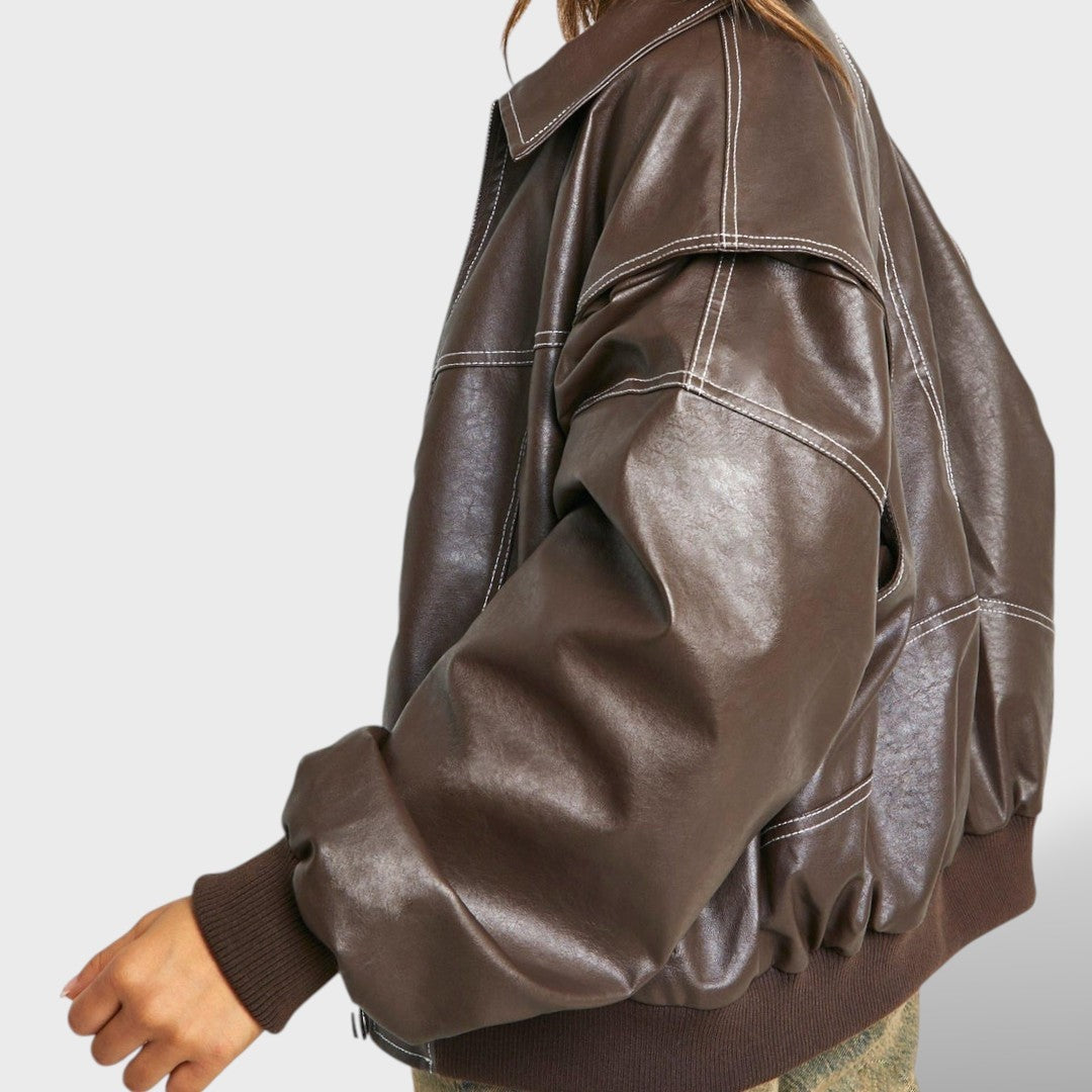 Beatrix | Women's Oversized Leather Bomber Jacket Zip Up