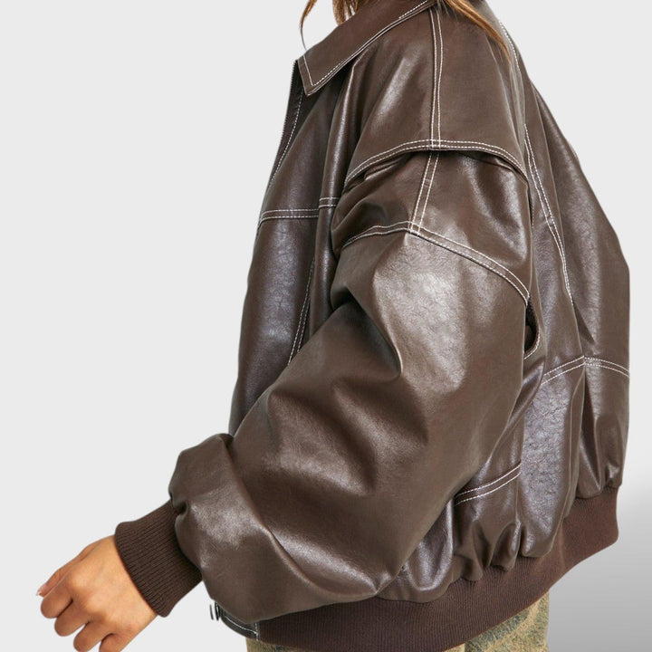 Beatrix | Women's Oversized Leather Bomber Jacket Zip Up