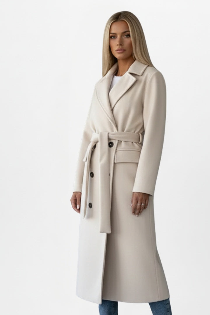 Benthe | Lange Wollen Jas met Ceintuur Dames Elegant