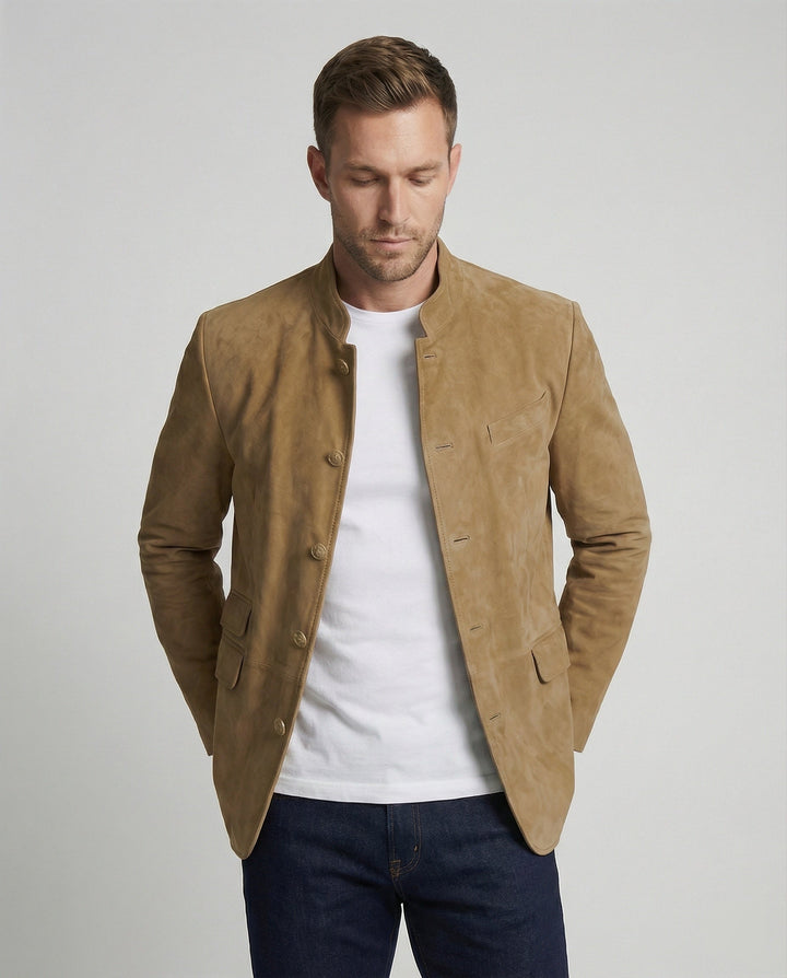 Caspian | Men's Suede-Look Jacket with Stand Collar and Flap Pockets