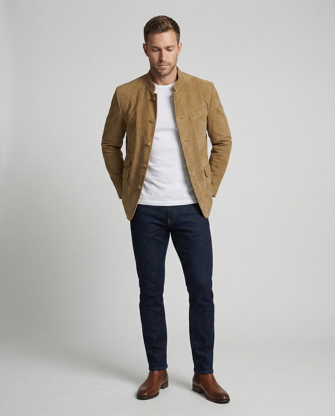 Caspian | Men's Suede-Look Jacket with Stand Collar and Flap Pockets