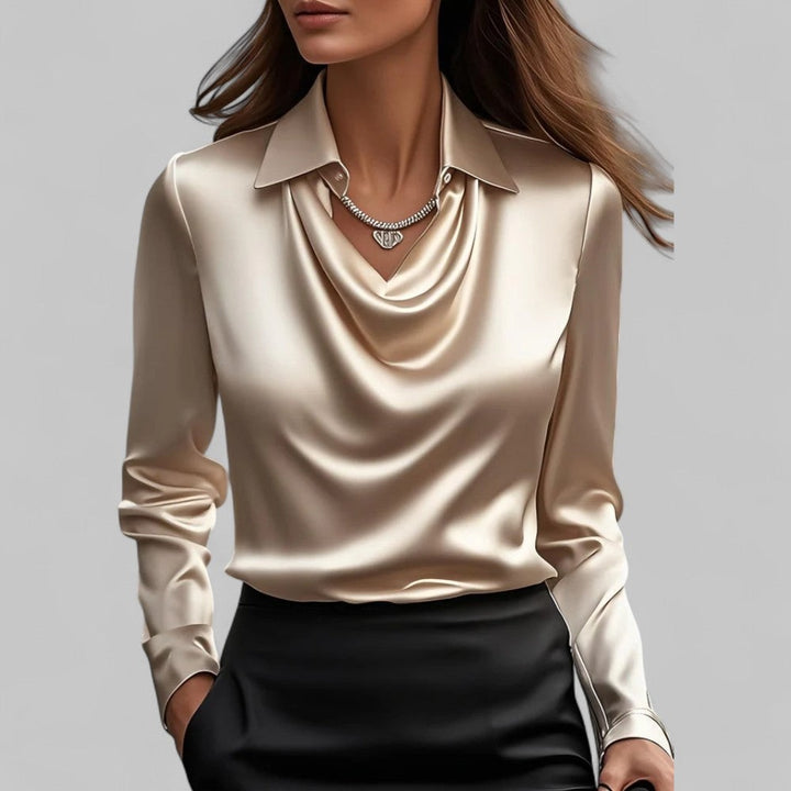 Chantal | Satijnen Blouse Dames Lange Mouw Gedrapeerde Hals
