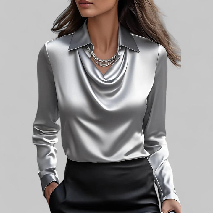 Chantal | Satijnen Blouse Dames Lange Mouw Gedrapeerde Hals