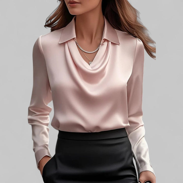 Chantal | Satijnen Blouse Dames Lange Mouw Gedrapeerde Hals