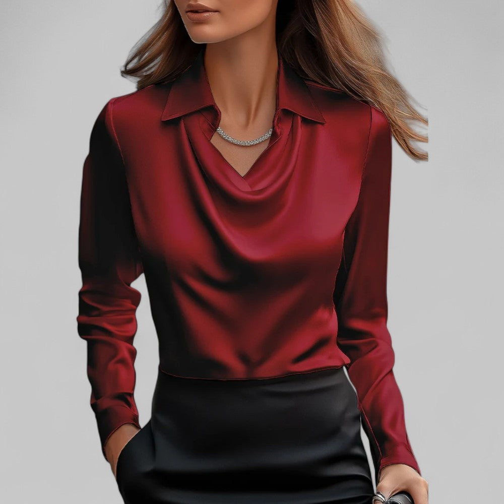 Chantal | Satijnen Blouse Dames Lange Mouw Gedrapeerde Hals