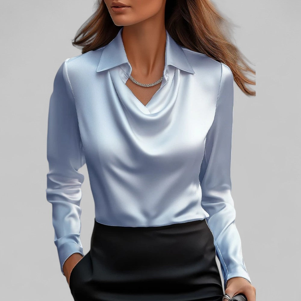 Chantal | Satijnen Blouse Dames Lange Mouw Gedrapeerde Hals
