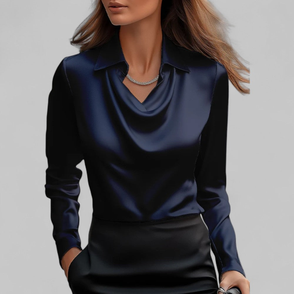 Chantal | Satijnen Blouse Dames Lange Mouw Gedrapeerde Hals