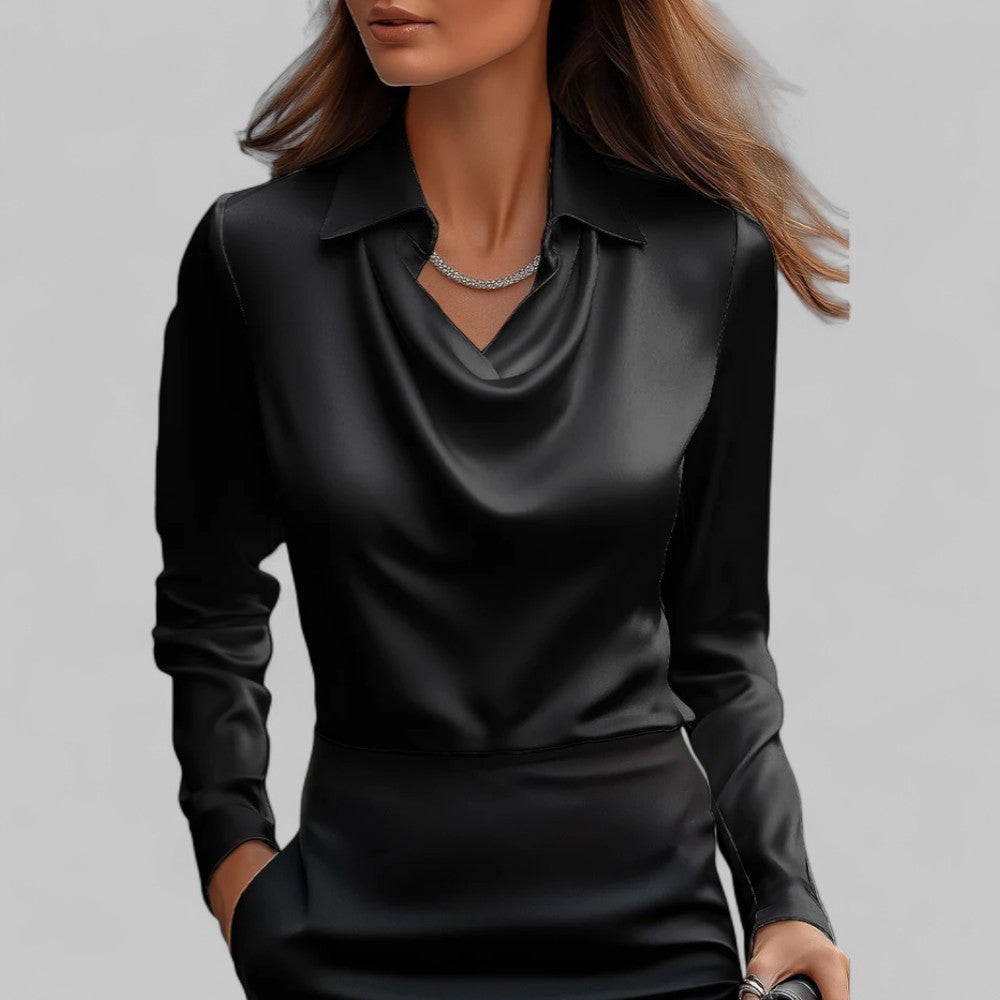 Chantal | Satijnen Blouse Dames Lange Mouw Gedrapeerde Hals