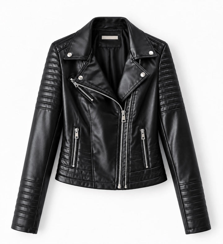 Cordelia | Women's Faux Leather Moto Jacket with Quilted Sleeves