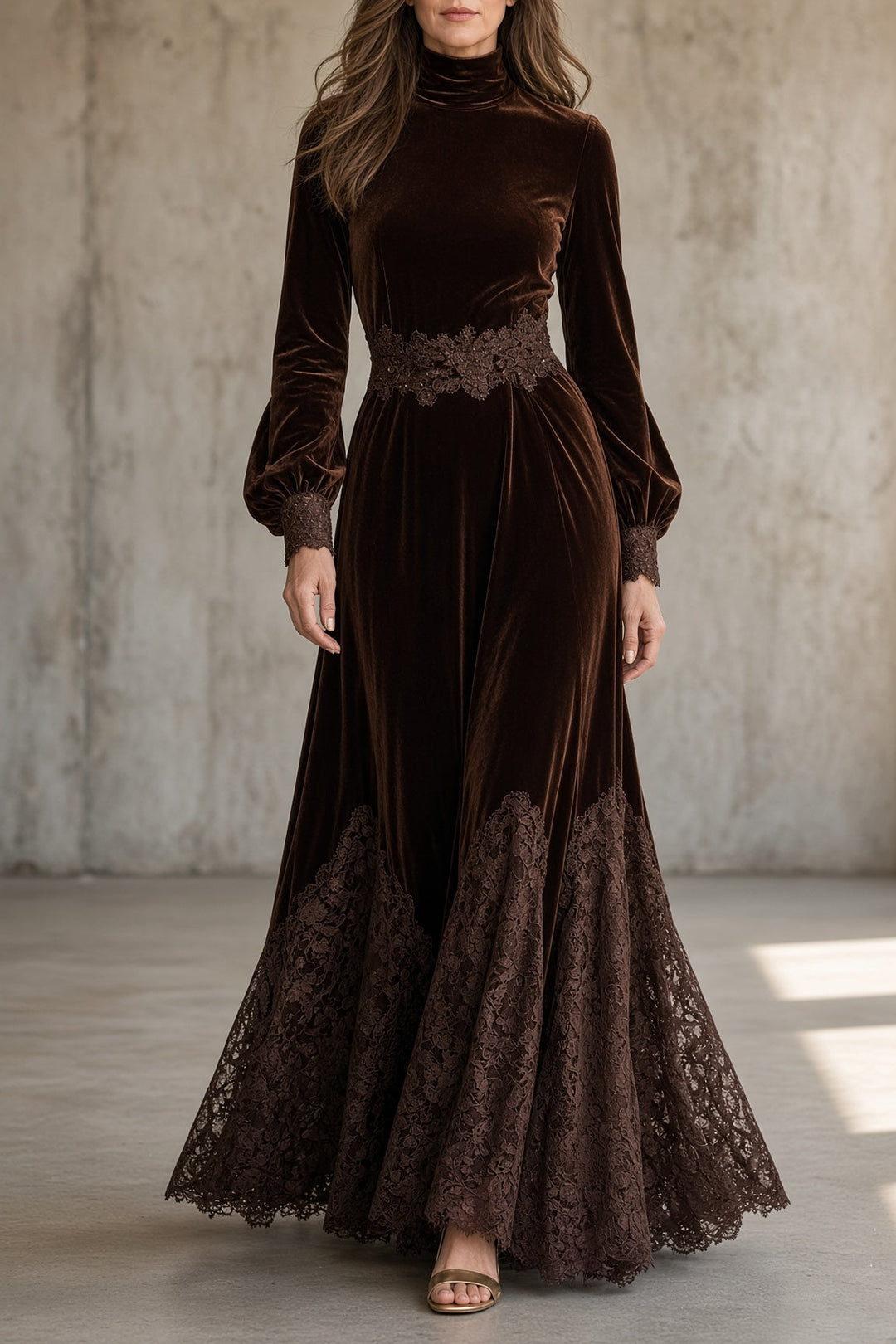 Cordelia | Women's Velvet Dress Long Sleeve Formal Gown with Lace Hem