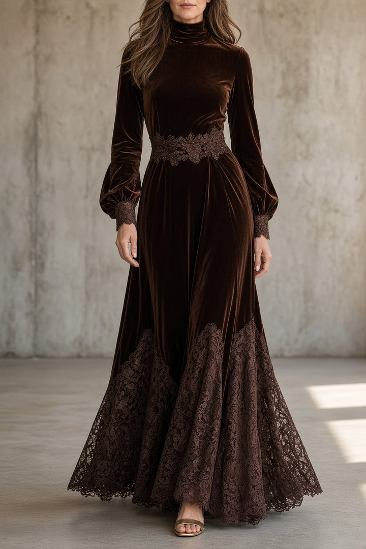 Cordelia | Women's Velvet Dress Long Sleeve Formal Gown with Lace Hem