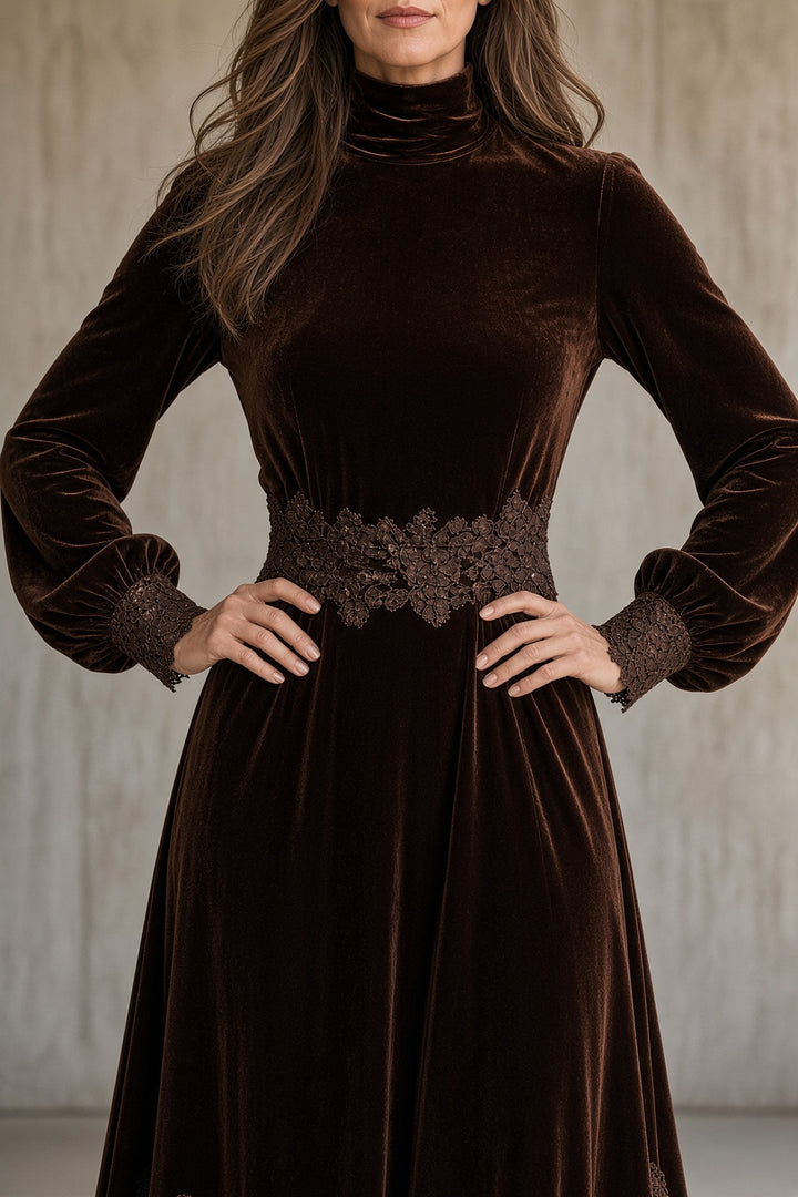 Cordelia | Women's Velvet Dress Long Sleeve Formal Gown with Lace Hem