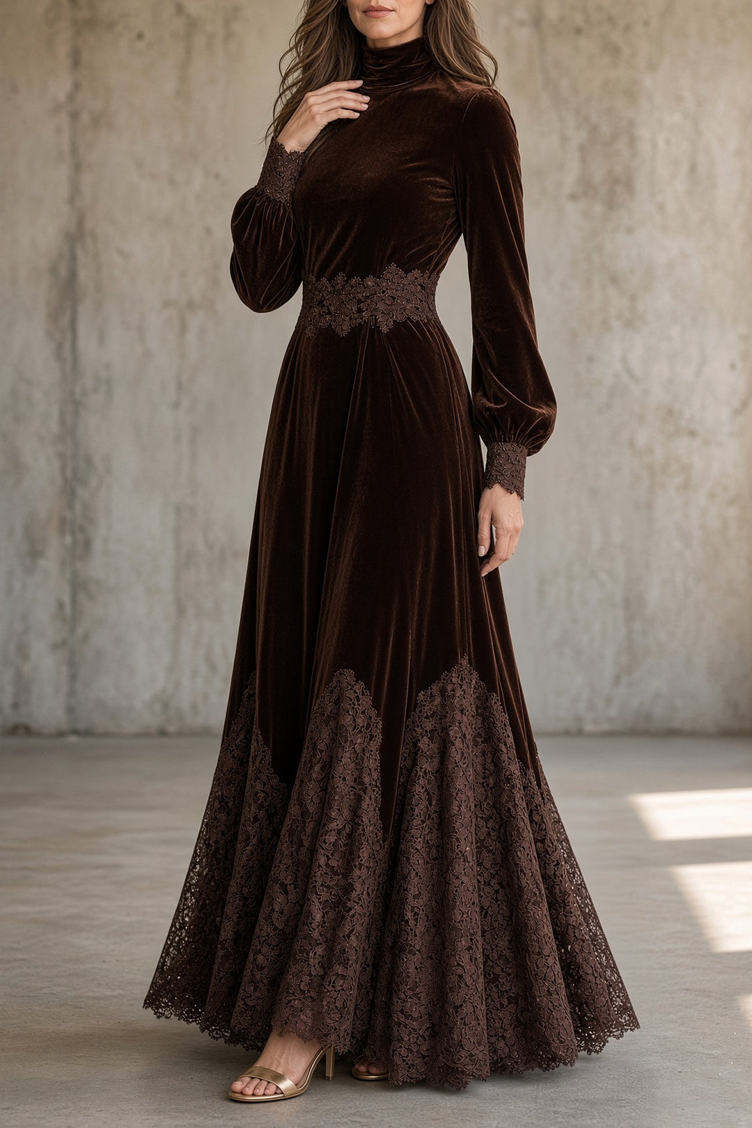 Cordelia | Women's Velvet Dress Long Sleeve Formal Gown with Lace Hem
