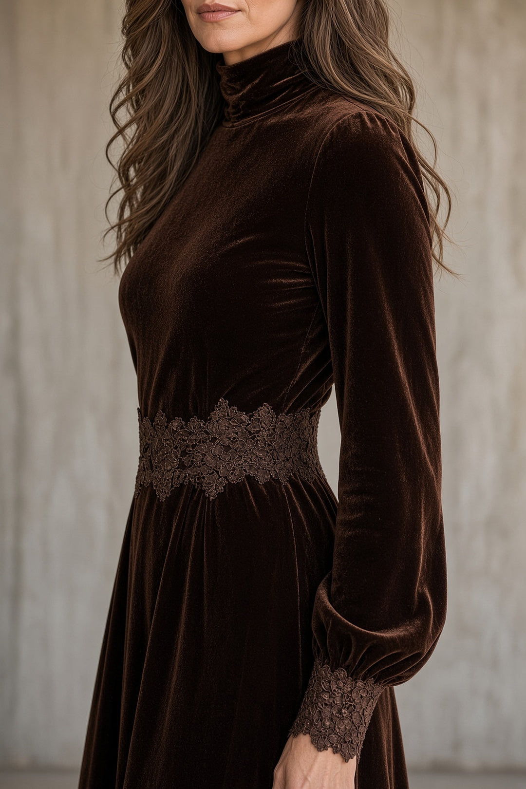 Cordelia | Women's Velvet Dress Long Sleeve Formal Gown with Lace Hem