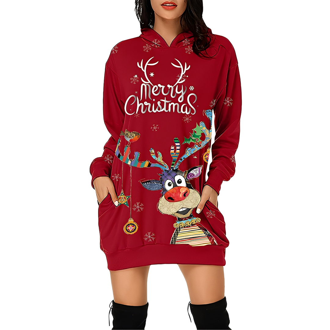 Delphine | Women's Christmas Long Sleeve Mini Dress with Hood