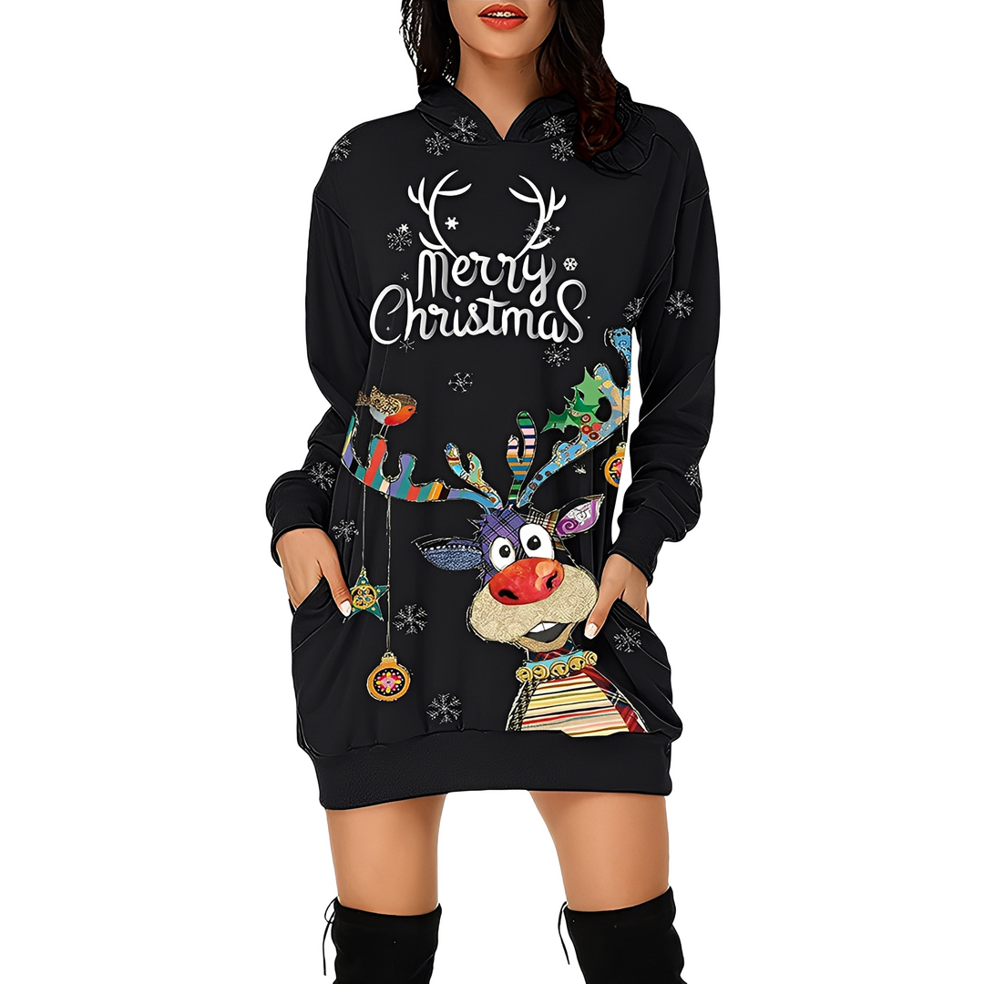 Delphine | Women's Christmas Long Sleeve Mini Dress with Hood