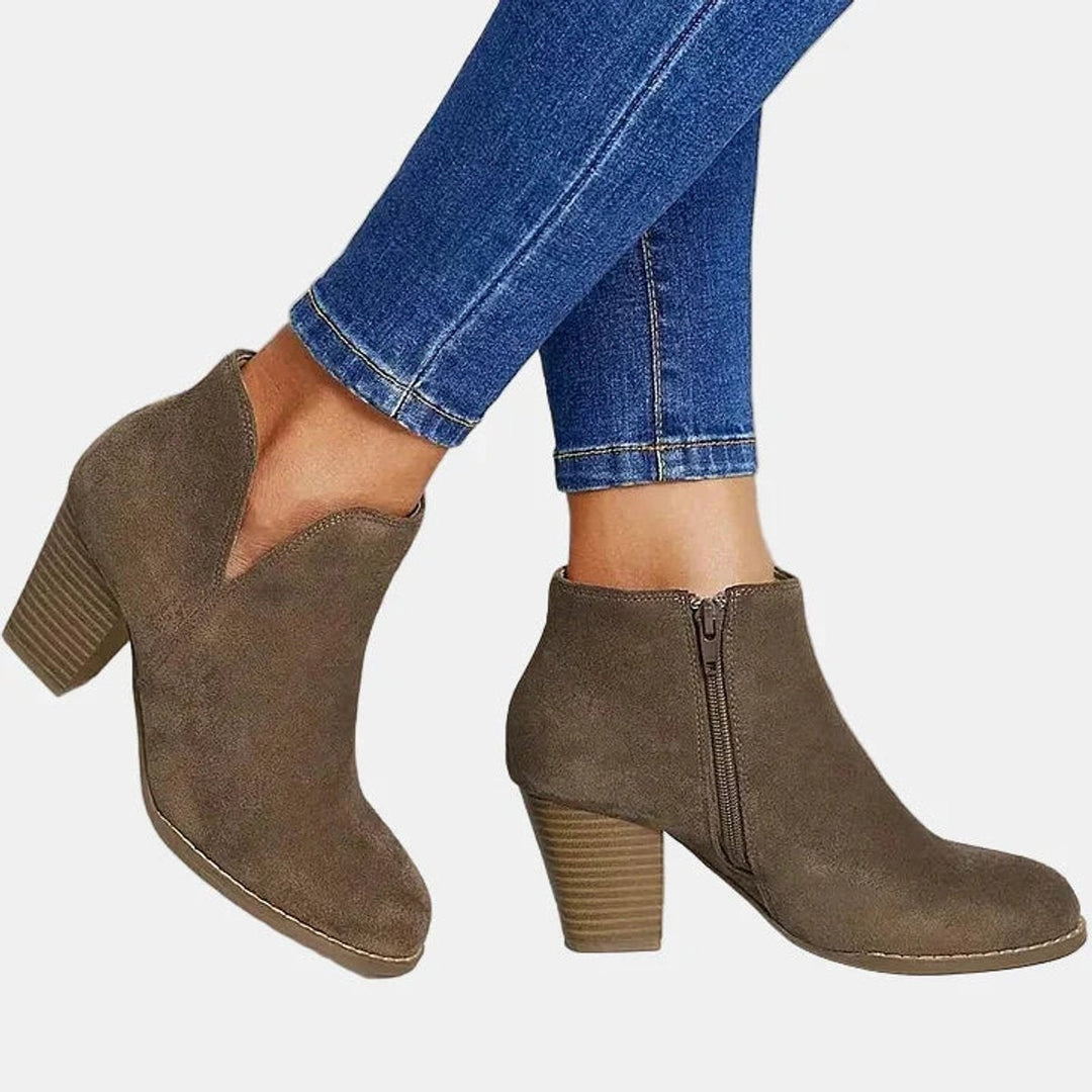 Delphine | Women's Suede Block Heel Ankle Boots with Side Zipper